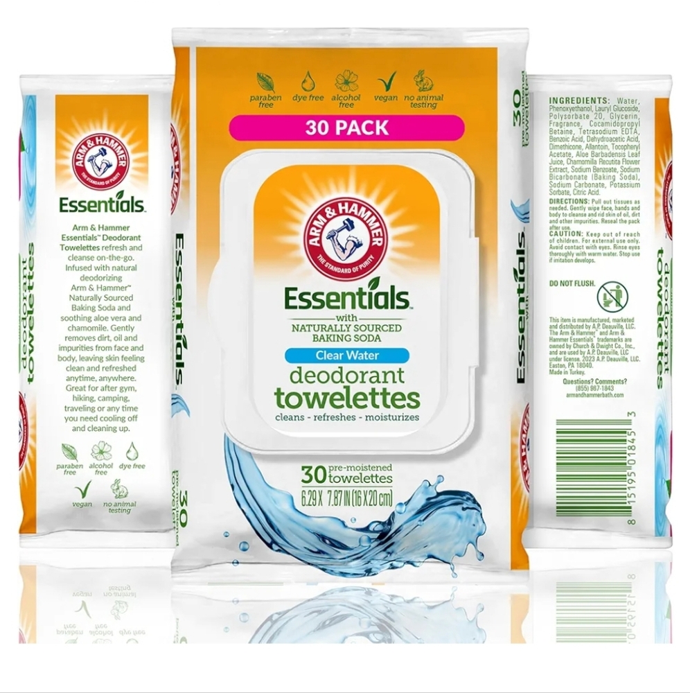 Arm & Hammer Essentials (2) Deodorant Towelettes - Clear Water 30pack NEW